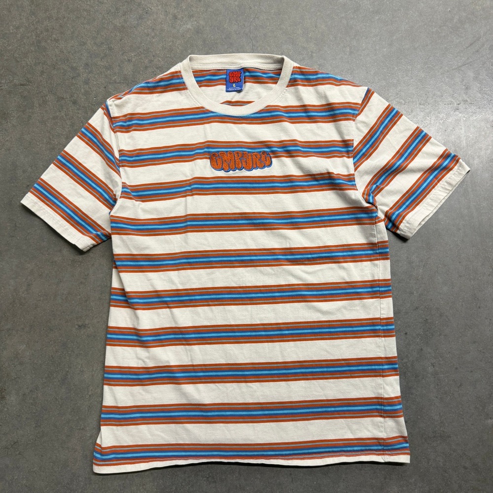 Camp High Campers Striped T-Shirt Mens Large Orange Blue Cream Embroidered Logo